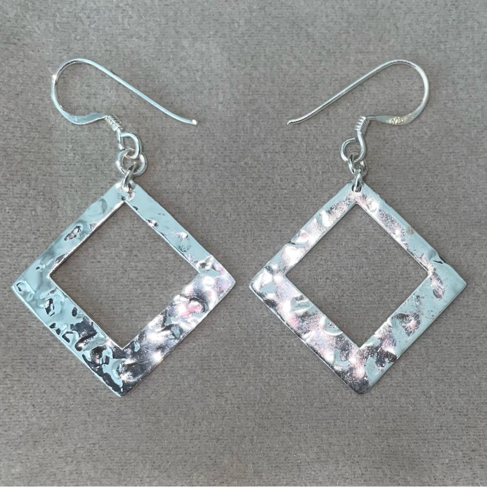 Geometric/Minimalist Sterling Silver (925) Hammered Square Dangle Earrings, 27mm